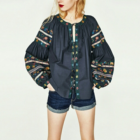 Zara Tops - Zara Embroidered Blouse Balloon Sleeves